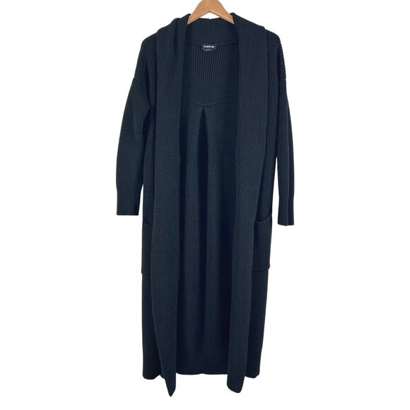 Bebe Longline Open Front Ribbed Knit Duster Cardigan Black - Picture 1 of 11